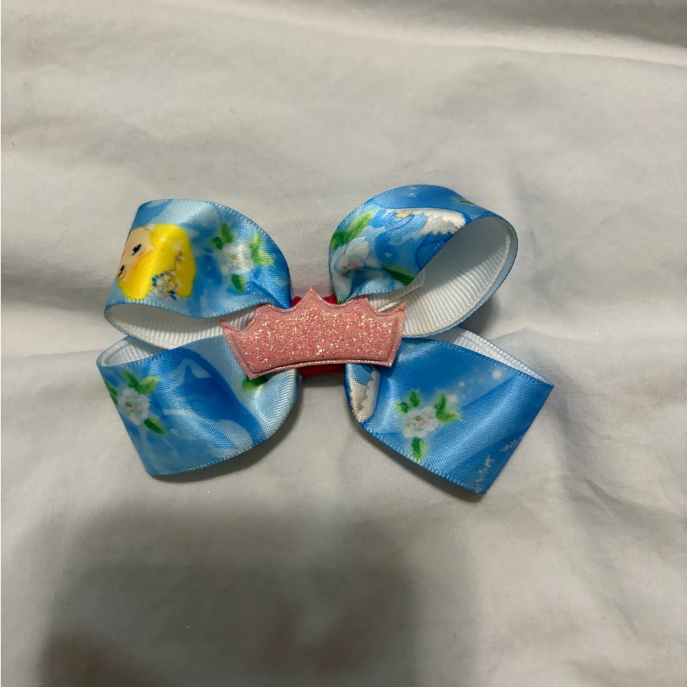 Blue Cinderella Hair Bow with Pink Crown